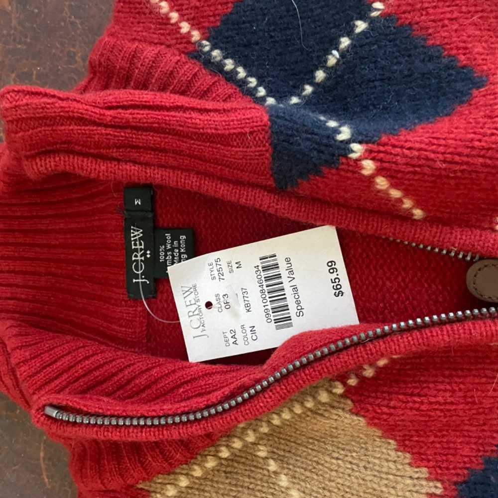 J Crew Red Argyle Wool Sweater
